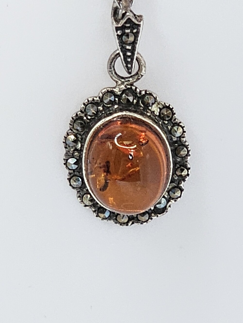 Vintage Amber & Marcasite Halo Pendant & Necklace Sterling Silver! 18"